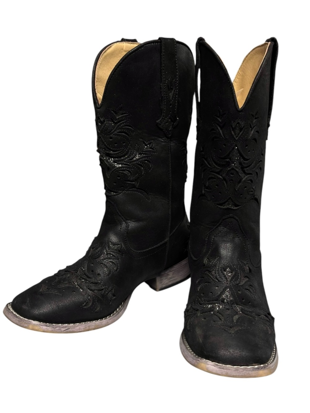 Roper | Black Glitter Inlay Cutouts Faux Leather Cowboy Boots